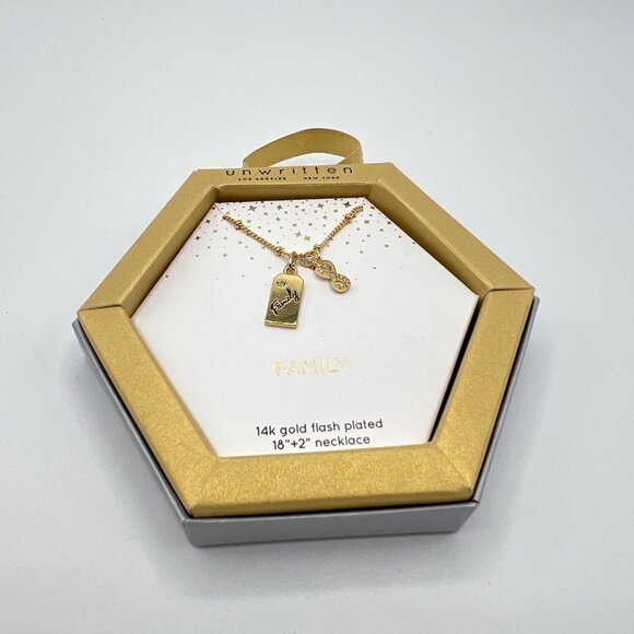 UNWRITTEN Cubic Zirconia "Family" Tag Charm Necklace in Gold-Tone MSRP $50 NWT - Picture 3 of 7